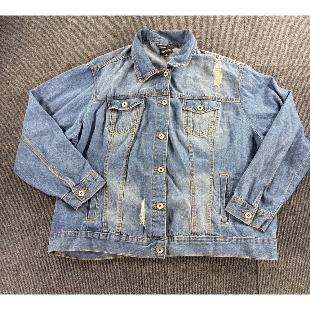 New‎ Look Mens 2X Distressed Denim Trucker Jacket Medium Wash Blue Jean Jacket